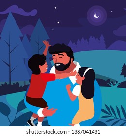 father with son and daughter in the field at night