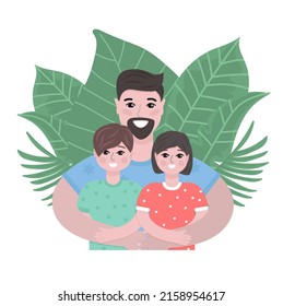 Father with a son and a daughter. Happy father's day greeting card. Father hugging his little kids. Vector illustration in a flat style.