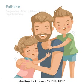 Padre hijo e hija abrazándose, hombre joven guapo jugando con niños en su casa juntos. Amaría familiar, cuidado, garantía, seguro y beca. Caricatura usada ampliamente. vectorial