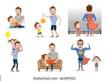 Father and son or daughter set. Having fun together. Playing with dad. Fatherhood concept. Role model and greatest mentor. Vector illustration Isolated on white background