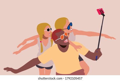 Father, son, and daughter taking selfie together using selfie stick. Family selfie. Group selfie. Wefie. Flat cartoon vector illustration