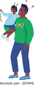 Father with son decorate semi flat color vector characters. Posing figures. Full body people on white. Christmas isolated modern cartoon style illustration for graphic design and animation