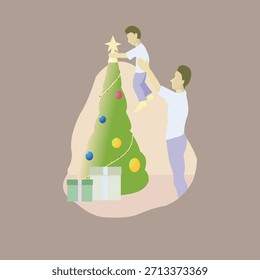 father and son are decorating the Christmas tree