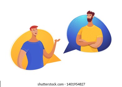 Father and son dialogue flat vector illustration. Cartoon young and mature man in speech bubbles isolated characters. Male friends, partners, colleagues sharing news, impressions, communicating