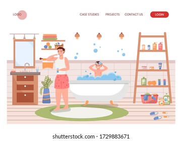 Father and son do morning hygiene routine together in bathroom. Man tooth brushing, boy bathing in bath tub. Concept illustration. Vector web site design template. Landing page website