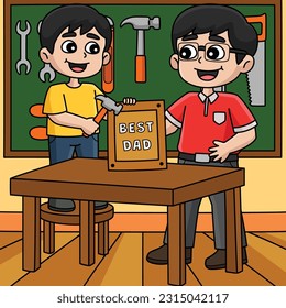 Father and Son doing a Carpentry Colored Cartoon