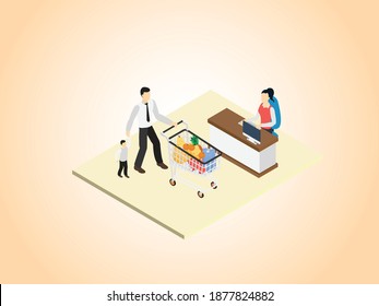 Father and son doing grocery shopping isometric 3d vector concept for banner, website, illustration, landing page, flyer, etc.