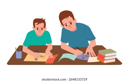 Father and son doing school activities together, brotherly moment, vector illustration.