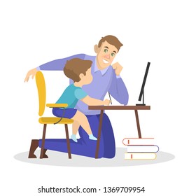 Father and son doing school homework together. Child sitting at the desk and writing. Man help baby to study. solated vector illustration in cartoon style