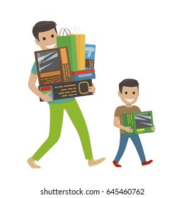Father and son doing shopping hold purchases. Vector shopping concept of paying and getting goods on white. Smiling man and boy return home carrying packages and boxes with items and products Imagem Vetorial Stock
