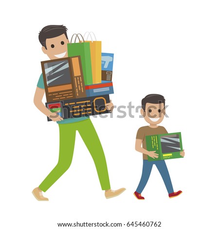 Father and son doing shopping hold purchases. Vector shopping concept of paying and getting goods on white. Smiling man and boy return home carrying packages and boxes with items and products