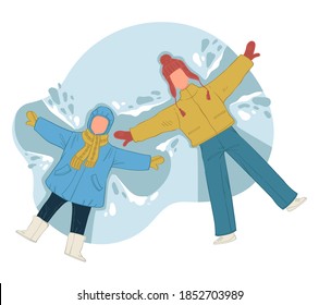 Father and son doing snow angles with wings. Dad and kid laying on snow. Wintertime fun and leisure outdoors. Family spending vacations and winter holidays outside together. Vector in flat style