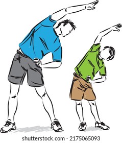 father and son doing stretching exercises fitness vector illustration