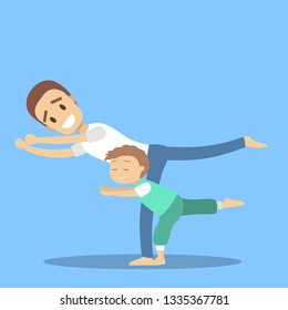 Father and son doing yoga exercise. Healthy and active lifestyle. Parent and child in yoga position. Isolated flat vector illustration