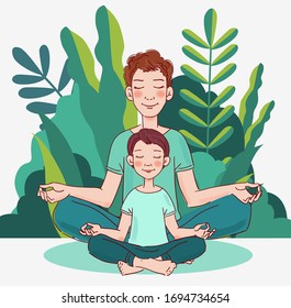 Father and son doing yoga in the garden. Family yoga vector illustration. Summer landscape background