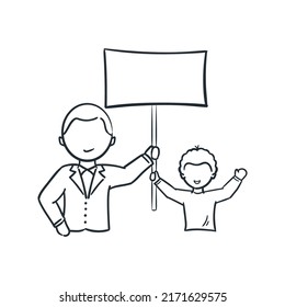 Father And Son Doodle Cartoon Hand Drawn Vector Illustration Holding Pamphlet Together