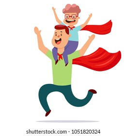 Father and son dressed in superheroes costume play together. Vector cartoon illustration of dad and child in red cloaks.