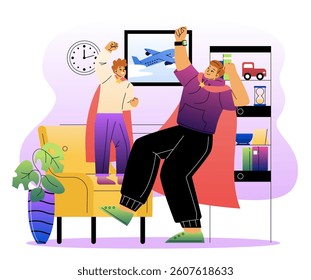 Father and son dressed as superheroes playing joyfully together in a cozy living room with colorful furniture, books, and toys around. Vector illustration