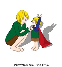 Father and Son Dressing to be Hero. Vector Illustration. Father's Day Design.