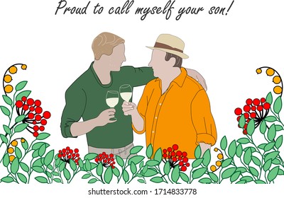 
Padre e hijo beben vino. Tarjeta de saludo para el día del padre. Hijo adulto con padre. Feliz cumpleaños, papá. El hijo abraza a su padre. Tarjeta de saludo para el padre con texto.