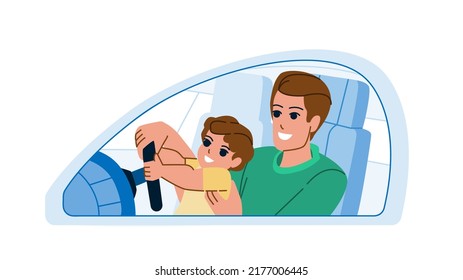 father son drive vector. dad kid car, boy vehicle, happy trip instructor father son drive character. people flat cartoon illustration