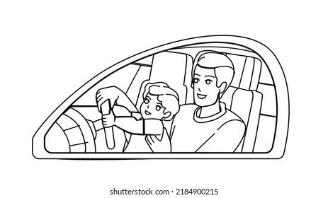 father son drive vector. dad kid car, boy vehicle, happy trip instructor father son drive character. people black line pencil drawing vector illustration