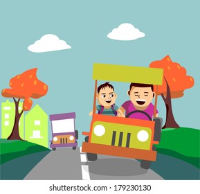 Father and son driving away from the city. Young boy sitting next to the driver of a Philippine jeep. 