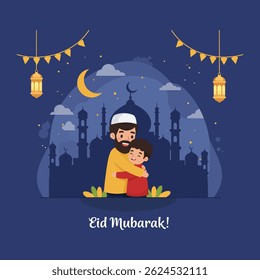 "Pai e Filho Abraçando sob as Luzes do Eid - Celebração Islâmica com Mesquita e Lanternas"