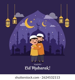 "Father and Son Embracing under Eid Lights – Islamic Celebration with Mosque and Lanterns"