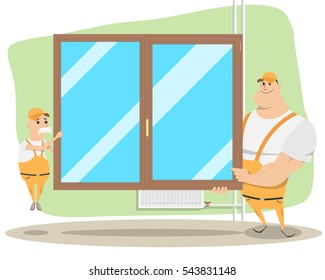 Father and son are engaged in the family business. Installation and replacement of windows. Vector illustration