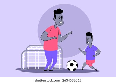 Father and son engaged in soccer practice together. Boy excited while father explaining techniques near small goal and soccer ball