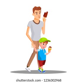 Father And Son Enjoy Eating Ice Cream Vector. Isolated Illustration