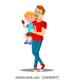 Father And Son Enjoy Eating Ice Cream Vector. Isolated Illustration
