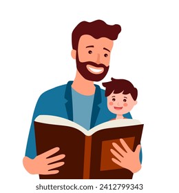 Father and son enjoy reading book together in flat design on white background.