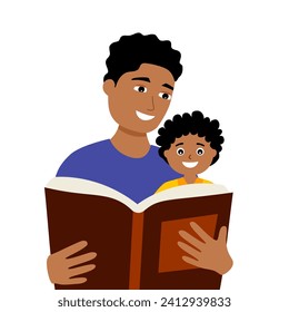 Padre e hijo disfrutan leyendo el libro juntos en diseño plano sobre fondo blanco.