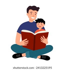 Father and son enjoy reading book together in flat design on white background.