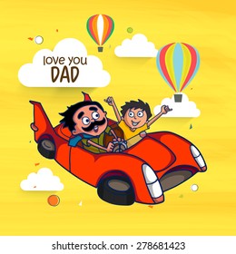 Father and Son enjoying car ride in the sky with hot air balloons, and clouds for Happy Fathers Day celebrations concept. 