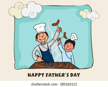 Father and son enjoying cooking together on sky blue background for Happy Father's Day celebration.