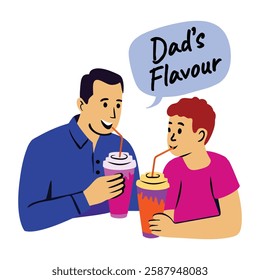 Father son enjoying drink with dads flavour typography, flat sticker