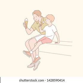 Father and son enjoying icecream outside in a park. Hand drawn style vector design illustrations.