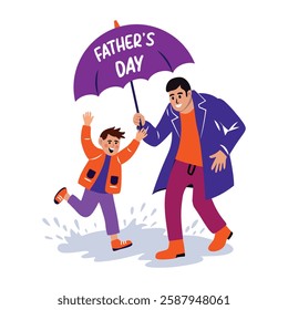 Father son enjoying rain with fathers day written on umbrella, flat sticker