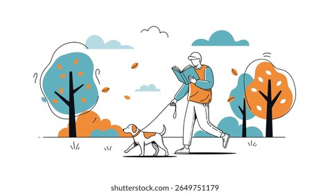 A father and son enjoying a sunny autumn day with their dog in a park surrounded by colorful trees and falling leaves