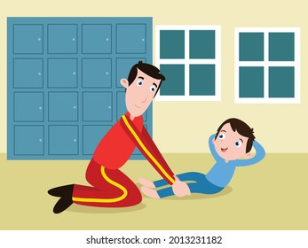 Father and son exercise together 2D cartoon concept for banner, website, illustration, landing page, flyer, etc.