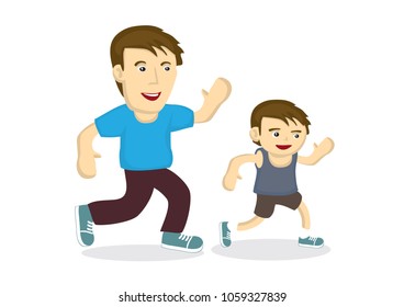 Father and son exercise together showing the strong bonding between them. Suitable for fathers day celebration. Vector cartoon illustration .