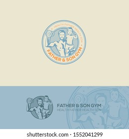 Father & Son Exercise Together Vector Illustration for Vintage Gym or Fitness Logo. Father lift his son and dumbbell vector illustration for happy family gym logo.