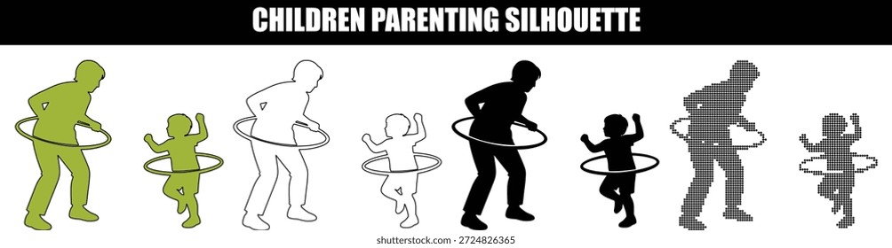Padre e hijo haciendo ejercicio con la colección de la silueta de hula hoops, con estilos de Vector verde, contorno, negro y punteado para el fitness y la salud familiar.