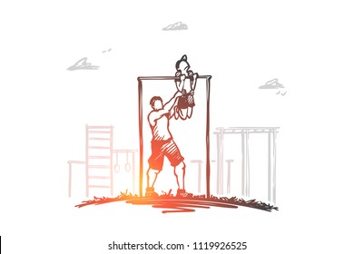 Father, son, family, exercise, sport concept. Hand drawn father helps his little son doing exercises on horizontal bar at playground concept sketch. Isolated vector illustration.