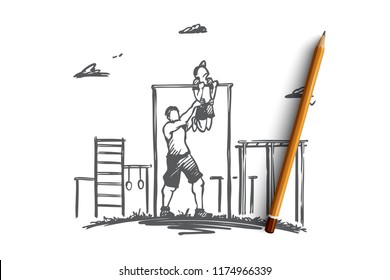 Father, son, family, exercise, sport concept. Hand drawn father helps his little son doing exercises on horizontal bar at playground concept sketch. Isolated vector illustration.