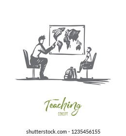 Father, son, family, parenting, teaching concept. Hand drawn father teaches his son geography concept sketch. Isolated vector illustration.