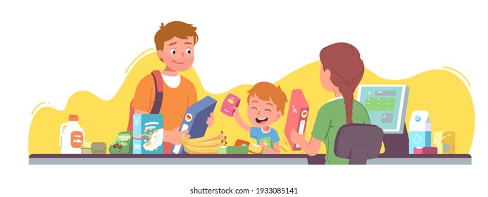 Mi padre y su hijo comprando en los supermercados de comestibles. Empleado de cajero haciendo sonar la comida. Contador de pago de caja caja caja escaneo de mercancías vectorial plano ilustración